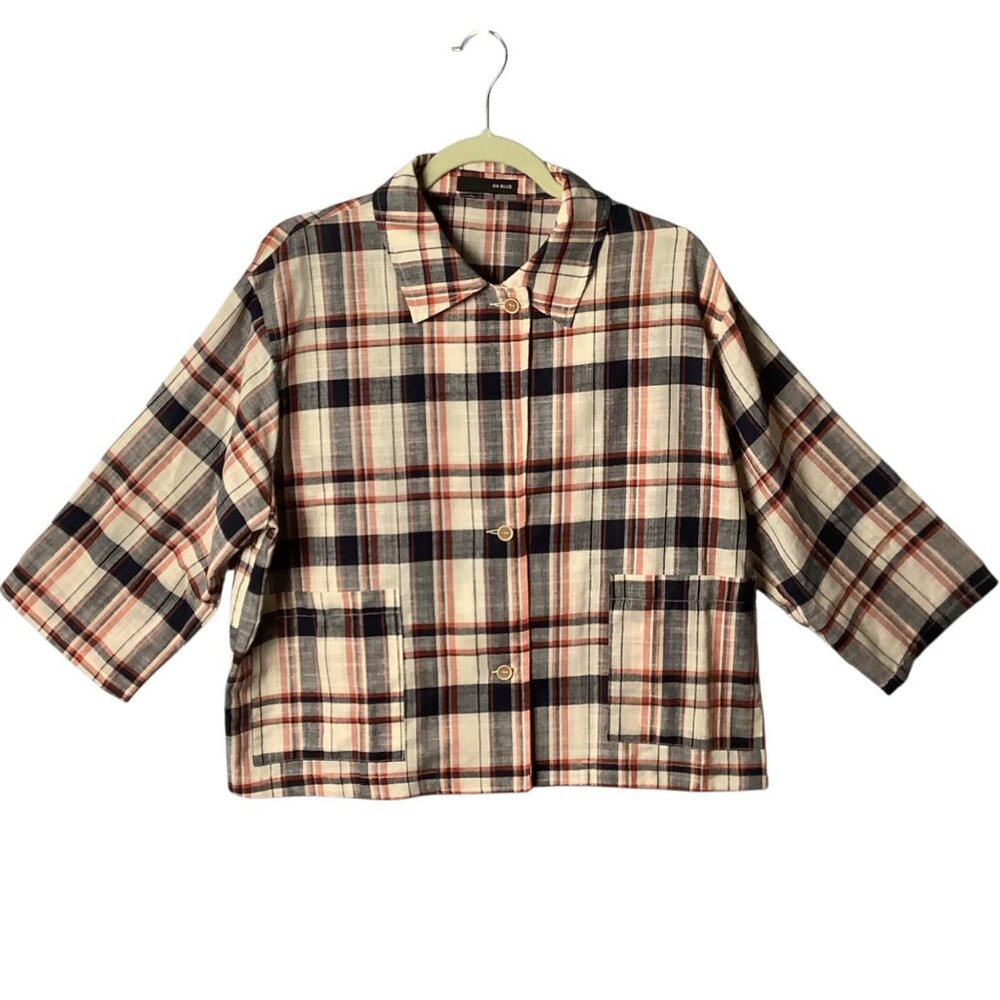 On Blue Plaid Button-Up Jacket Women‎ Sz Large Cotton/Linen Blend NWOT